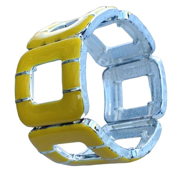 Vintage Yellow Wide Square Stretch Bracelet Silver Tone Enamel - Picture 7 of 8